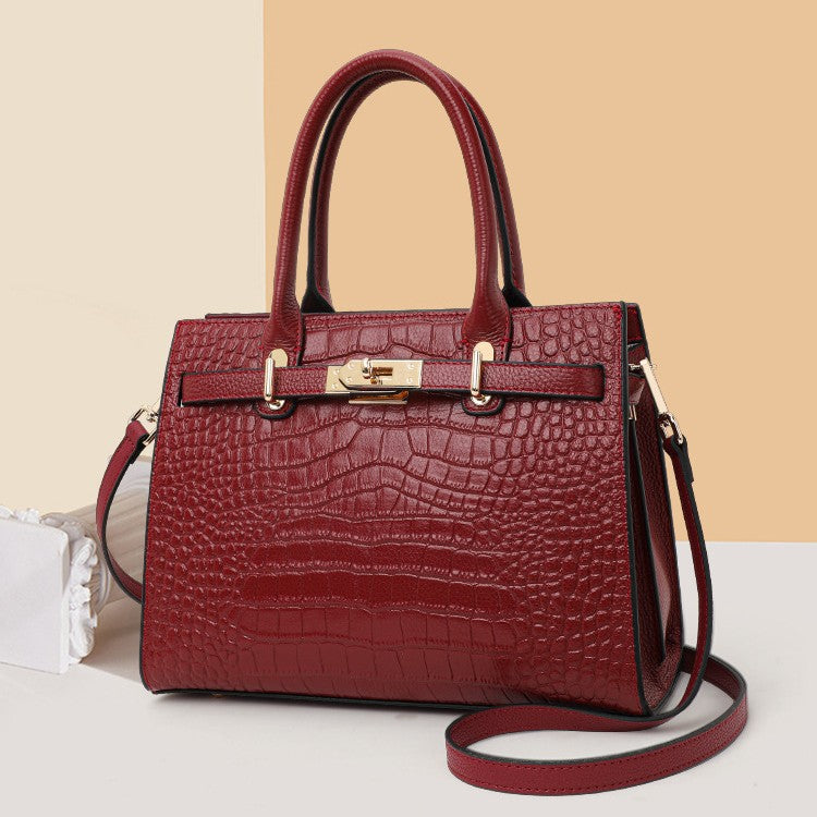 Genuine Leather Crocodile-Embossed Handbag for Women, Lock Buckle Commute Large Capacity Shoulder Crossbody Purse, Versatile Bag for Ladies