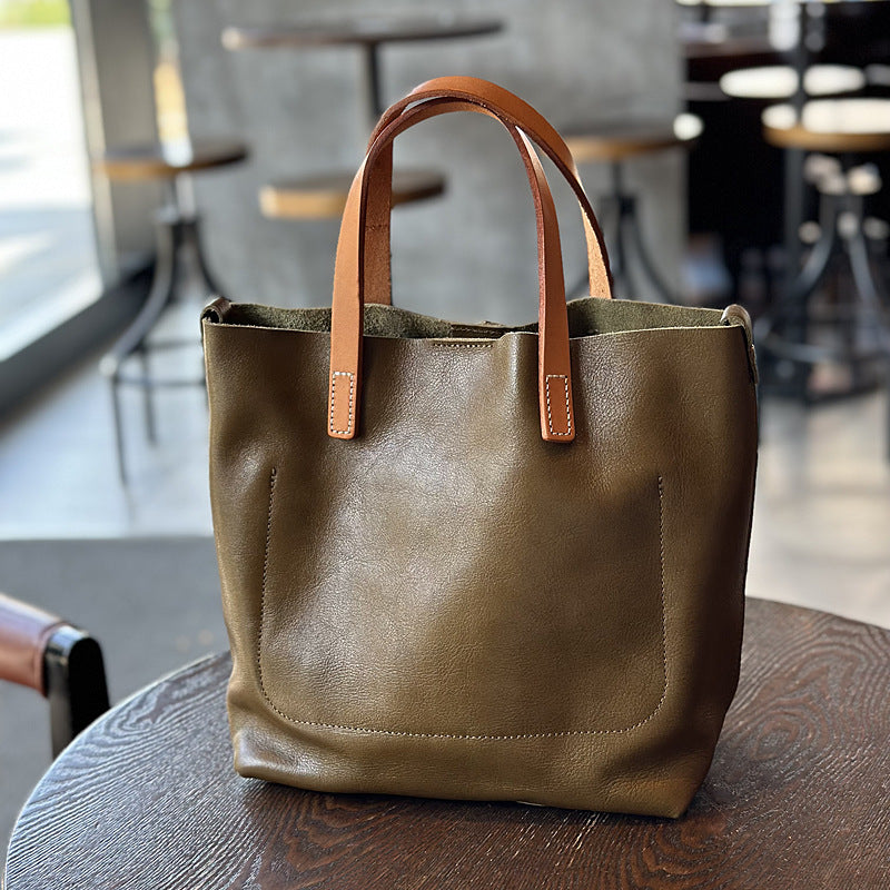 Genuine Cowhide Handbag for Women, New Spring Summer Japanese Vintage Shoulder Crossbody Top Handle Purse, Minimalist Commute Bag for Ladies