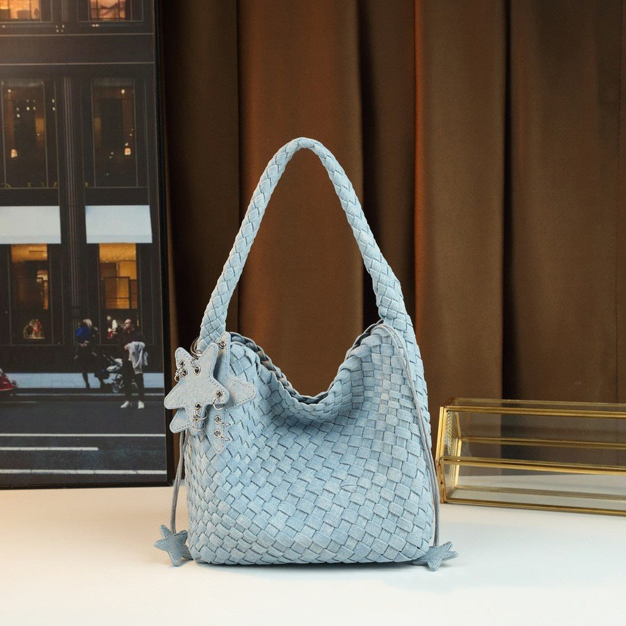 Handwoven Denim Bucket Bag for Women Large Capacity Underarm Shoulder Handbag, Casual Versatile Purse with Natural Woven Texture