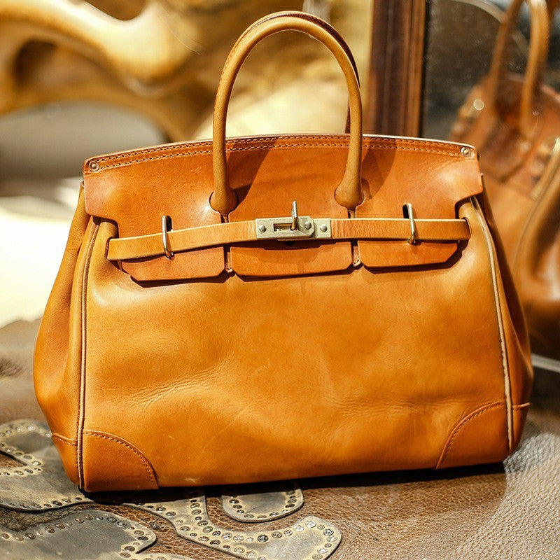 Top Layer Cowhide Birkin-Style Large Capacity Handbag for Men and Women, Vintage Unisex Shoulder Top Handle Crossbody Purse, Premium Leather Tote Bag for Ladies and Gentlemen