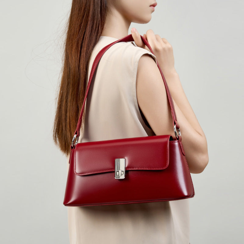 Red French Style Baguette Bag in Genuine Leather, Niche Premium Commute Shoulder Crossbody Top Handle Purse, Chic Underarm Handbag for Women