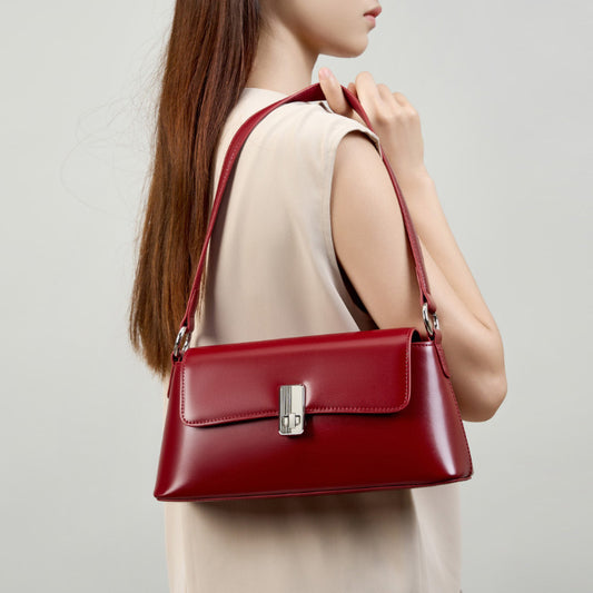 Red French Style Baguette Bag in Genuine Leather, Niche Premium Commute Shoulder Crossbody Top Handle Purse, Chic Underarm Handbag for Women