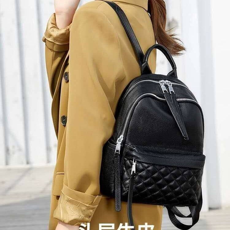 Genuine Top Layer Pebbled Cowhide Backpack for Women, New Diamond Quilted Stitching Large Capacity Commute Daypack, Off-White Casual Travel Bag for Ladies