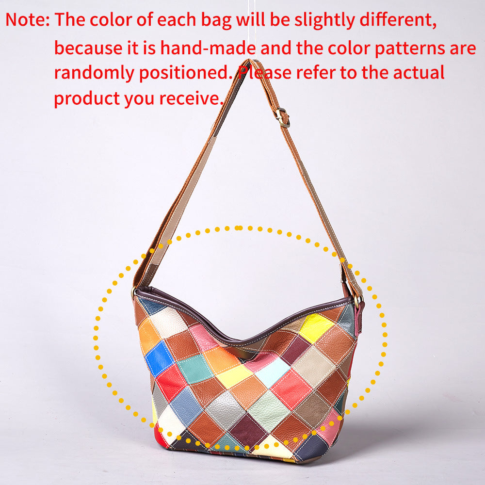 Premium Handcrafted Plaid Color-Block Genuine Leather Bag for Women | Large-Capacity Cowhide Cross-Body Shoulder Purse with Unique Artistic Design | Versatile Everyday Handbag for Work, Errands & Travel | Trendy Statement Accessory with Bohemian Flai