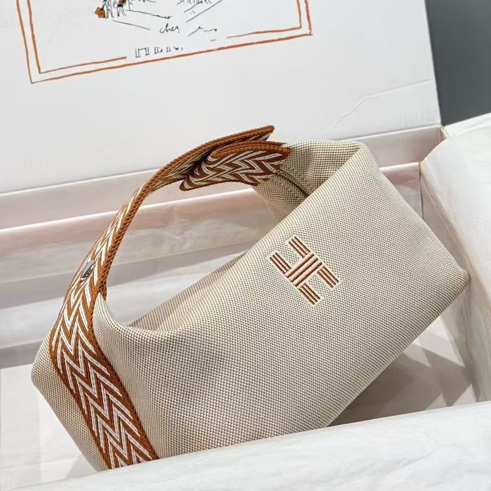 Waterproof Canvas Toiletry Bag for Women, Hermès-Inspired Travel Makeup Pouch 21/25cm, Semi-Handmade Embroidered Box Bag with Sturdy Steel Hardware, Portable Cosmetic Organizer for Daily Use