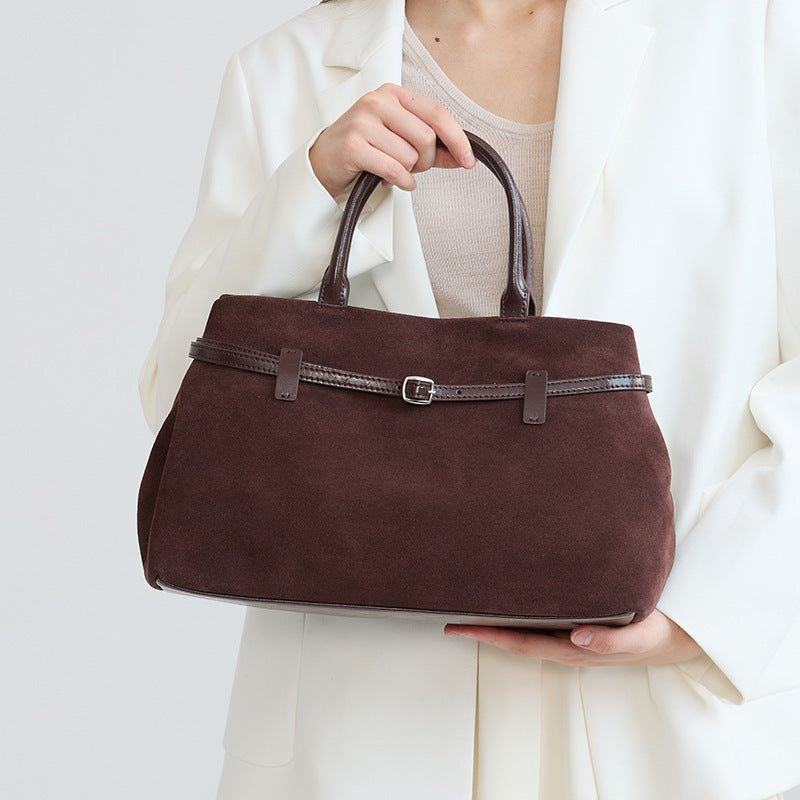 Suede Cowhide Tote Bag for Women Vintage Commuter Shoulder Handbag, Premium Textured Purse with Timeless Elegance