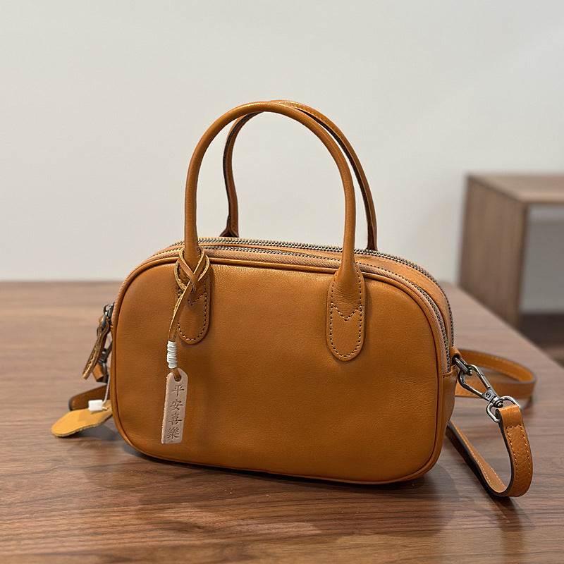 Genuine Top Layer Cowhide Handbag for Women, Fall Winter Academic Vintage Commute Shoulder Crossbody Bag, Minimalist Japanese Style Purse for Ladies