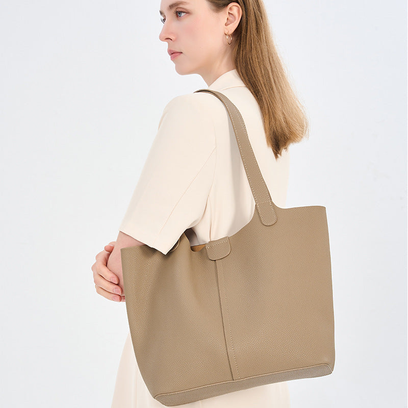 Genuine Leather Bucket Tote Bag for Women Large Capacity Commuter Shoulder Handbag, Practical Cowhide Purse with Versatile Everyday Style