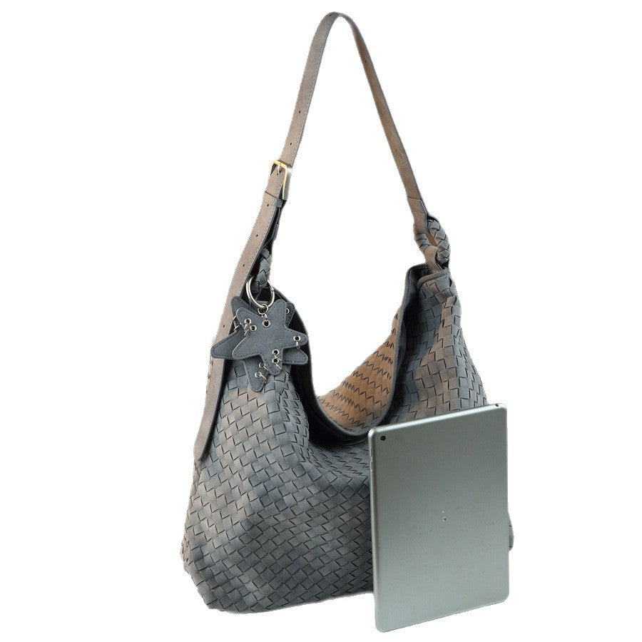 Handmade Frosted Woven Bucket Tote for Women Large Capacity Shoulder Crossbody Purse with Five-Pointed Star Design, Perfect for Fall Winter & Everyday Use