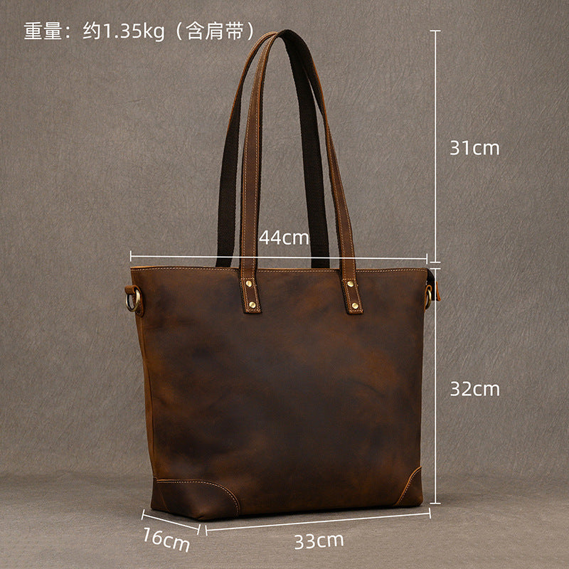Genuine Crazy Horse Cowhide Tote Bag for Men and Women, Large Capacity Vintage Commute Shoulder Crossbody Top Handle Handbag, Versatile Unisex Purse for Ladies and Gentlemen