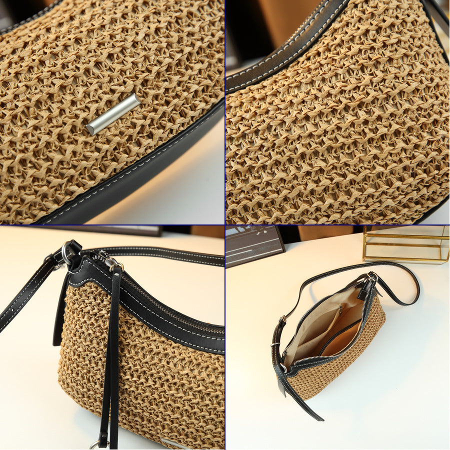 French Woven Straw Bag for Women Summer Beach Vacation Shoulder Crossbody Handbag, Natural Texture Purse with Bohemian Charm