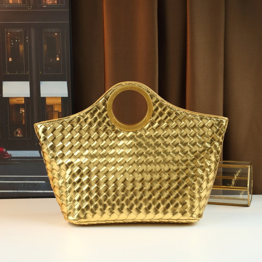 Handwoven Genuine Leather Basket Tote Bag for Women with Ring Handle, Large Capacity Shoulder Shopping Handbag with Artisan Craftsmanship