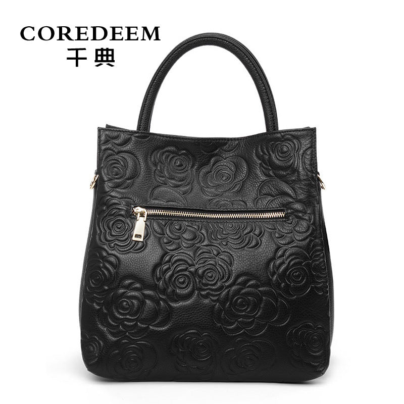 Genuine Cowhide Embossed Large Capacity Handbag for Women, Fashionable Top Handle Crossbody Purse, Chic Versatile Bag for Ladies