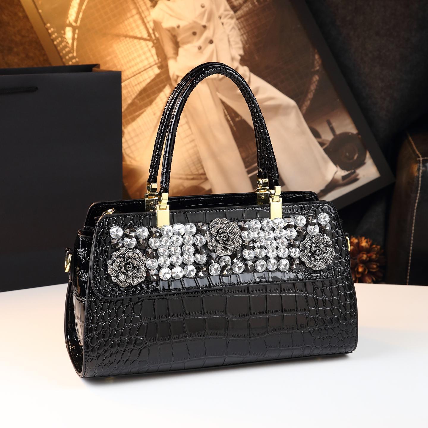 New Arrival 2026 Rhinestone-Embellished Croc-Effect Mom Bag for Women, An Elegant Large Capacity Shoulder Crossbody Top-Handle Handbag with Premium Design