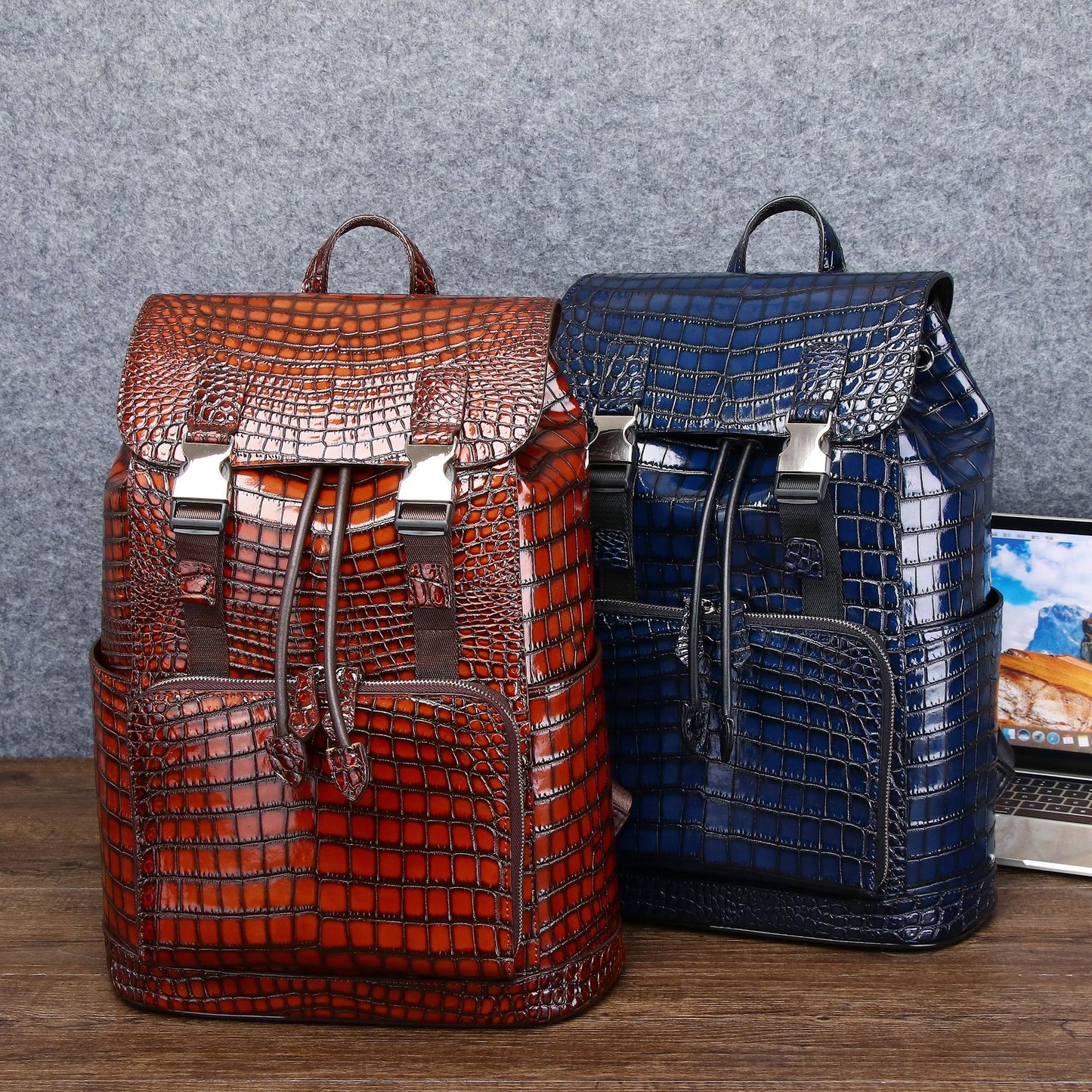 New Arrival Distressed Croc-Effect Men's Backpack, A Large Capacity High-Shine Travel Daypack with Fashionable Outdoor Design, Perfect for Adventure & Everyday