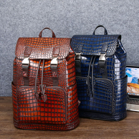 New Arrival Distressed Croc-Effect Men's Backpack, A Large Capacity High-Shine Travel Daypack with Fashionable Outdoor Design, Perfect for Adventure & Everyday