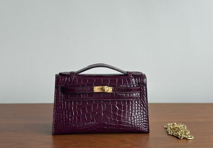Genuine Leather Crocodile-Embossed Kelly-Style 22cm Bag for Women, 2025 New Small Square Shoulder Crossbody Top Handle Purse, Light Luxury Everyday Handbag for Ladies