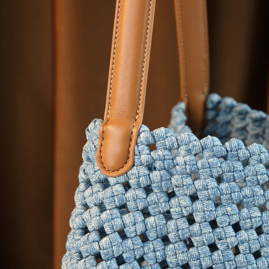 Handwoven Nylon Bucket Bag Set for Women Large Capacity Hollow Knit Sub-Bag, Casual Versatile Underarm Shoulder Purse with 2-in-1 Design