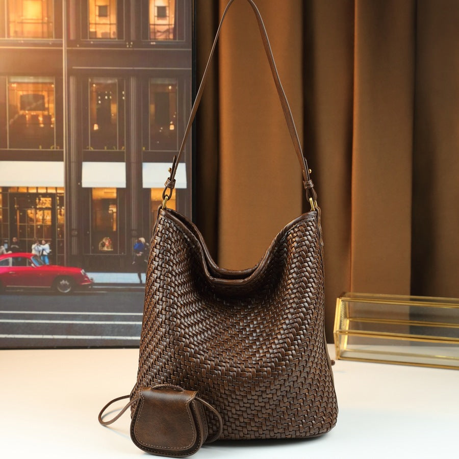 Woven Tote Bag for Women Fall Winter Large Capacity Travel Shoulder Handbag with Detachable Small Pouch, Versatile Everyday Carryall