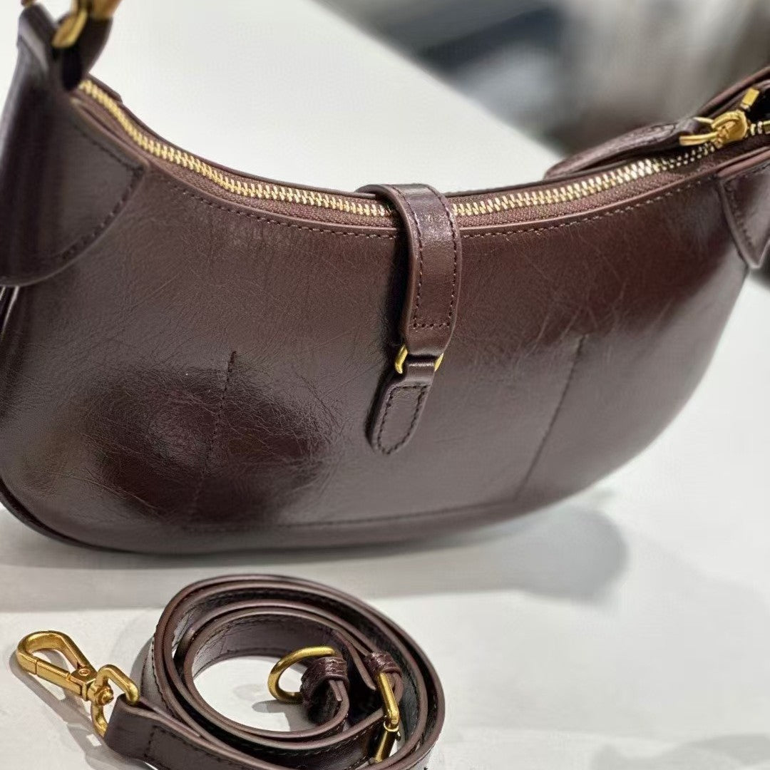 Genuine Leather Croissant Crescent Bag for Women, New Spring Summer Top Handle Underarm Purse, Niche Fashionable Dumpling Shoulder Bag for Ladies