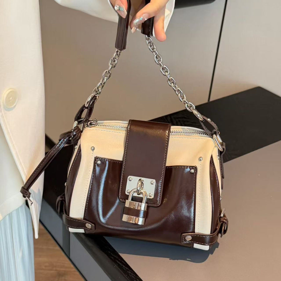 Vintage Biker Lock Stud Tote Bag for Women Large Capacity Shoulder Crossbody Handbag, Edgy Hardware Purse with Versatile Style
