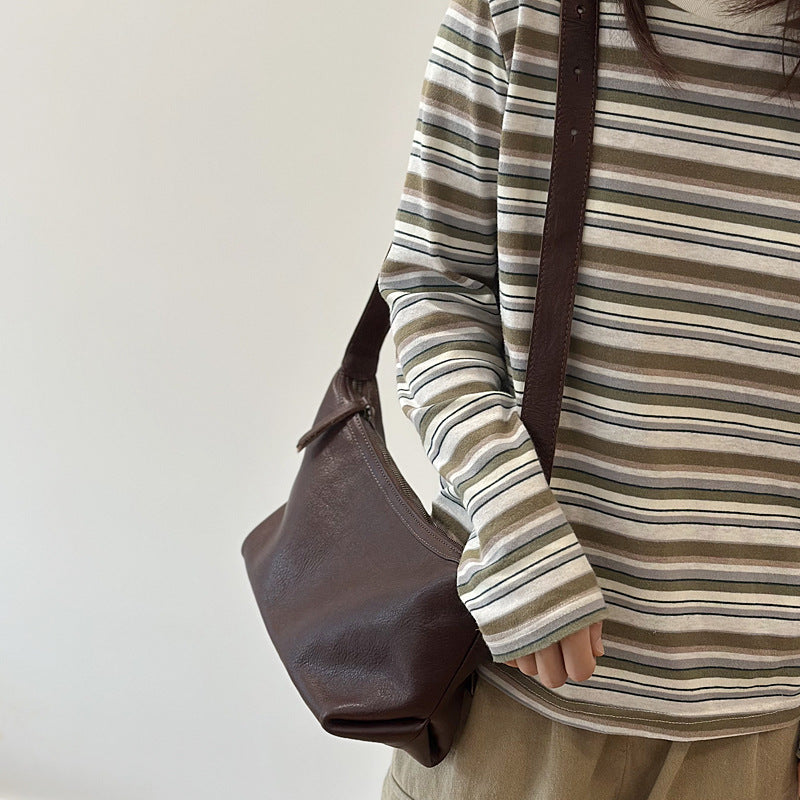 Vegetable-Tanned Soft Cowhide Crossbody Bag for Women, Vintage Pleated Shoulder Purse, Casual Small Leather Handbag for Ladies