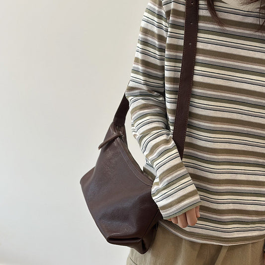 Vegetable-Tanned Soft Cowhide Crossbody Bag for Women, Vintage Pleated Shoulder Purse, Casual Small Leather Handbag for Ladies