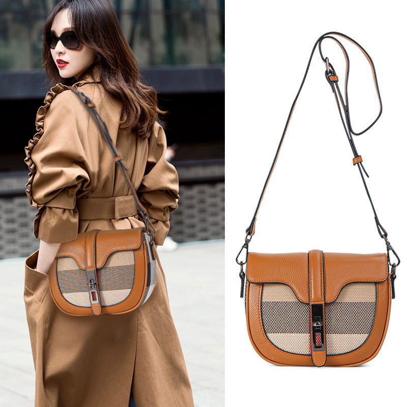 Trendy Plaid Saddle Bag in Genuine Cowhide, Premium Fashionable Crossbody Shoulder Purse for Women