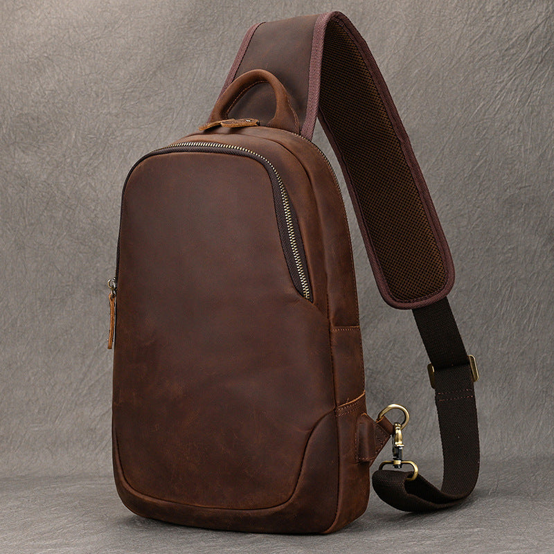 Large Capacity Crazy Horse Leather Chest Bag with USB Port, Casual Crossbody Shoulder Pouch, Commute Leisure Bag for Men