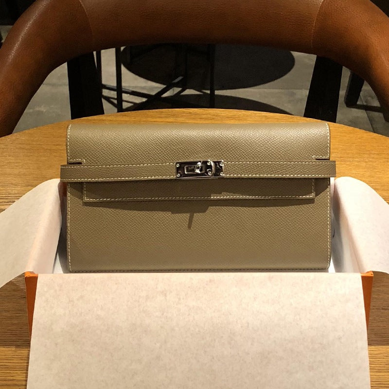 Genuine Togo Leather Long Wallet Clutch for Women, Hermès-Inspired Kelly-Style Money Holder, Premium Epsom Leather Phone Bag for Ladies
