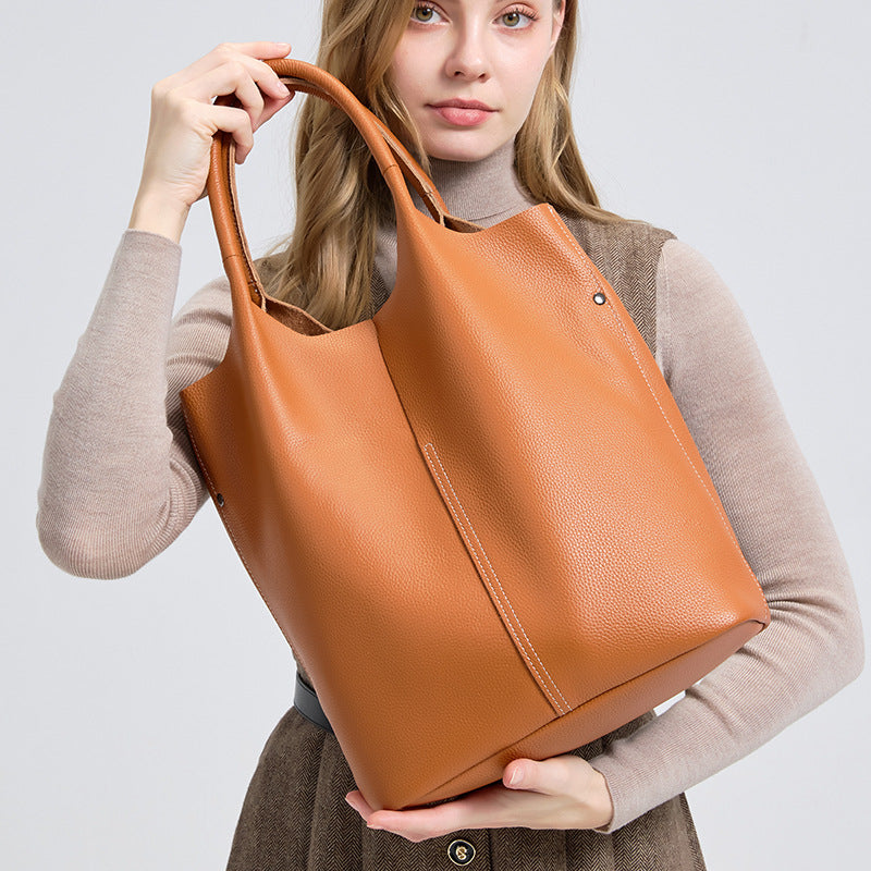 Top Layer Cowhide Tote Bag for Women Large Capacity Shoulder Handbag, Minimalist Pebble Grain Purse with Versatile Everyday Style