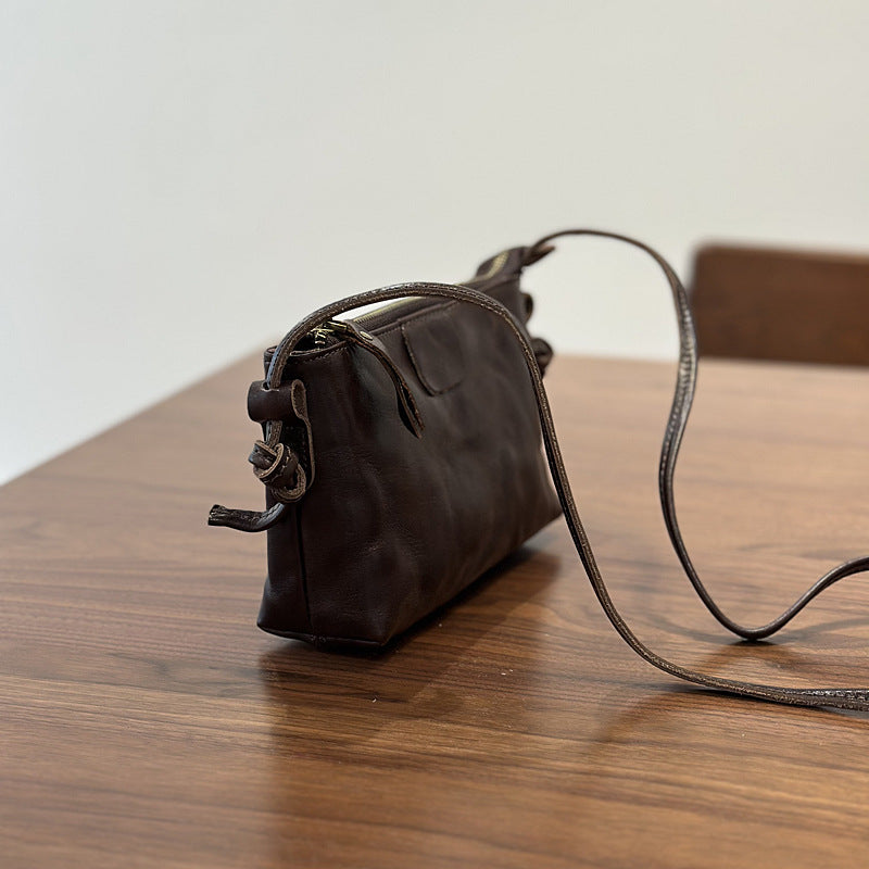 New Vintage Niche Genuine Leather Mini Phone Crossbody Bag, Textured Shoulder Purse, Versatile Commute Handbag for Women