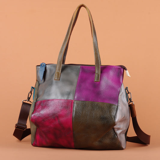 Vintage Color Block Cowhide Tote Bag, Large Capacity Shoulder Crossbody Purse, European Style Handbag for Women