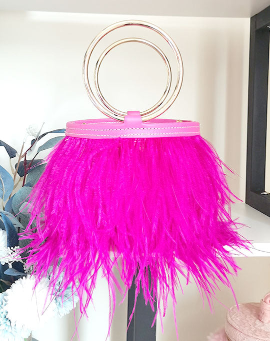 Women's Trendy Ostrich Feather Handbag, Faux Fur Chain Shoulder Bag with Round Ring Top Handle, Versatile Street Style Purse for Daily Use
