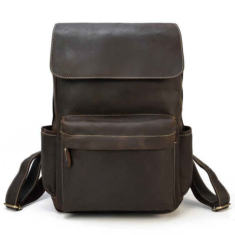 Men's Crazy Horse Leather Backpack Vintage Travel Daypack for Women Students, Genuine Leather Casual Rucksack Large Capacity