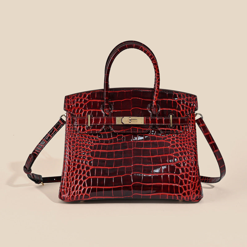 New Genuine Leather Handbag for Women Premium Crocodile Embossed Cowhide Birkin Style Large Capacity Tote
