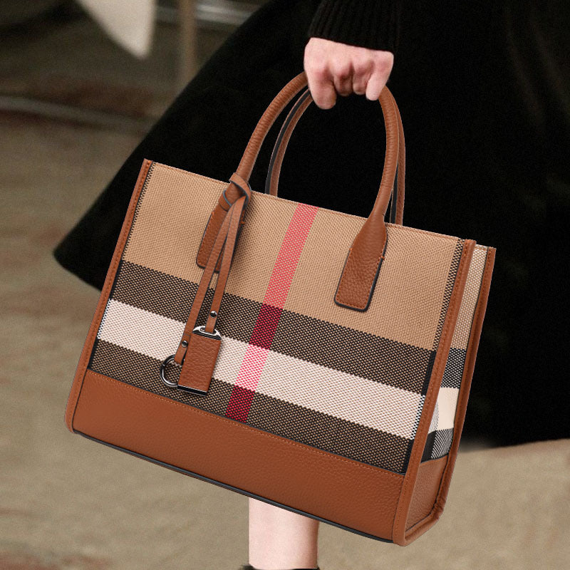 New Premium Leather Trim Plaid Tote Bag, Large Capacity Casual Shoulder Handbag, Fashionable Everyday Purse for Women