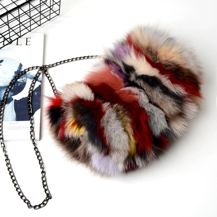 Women's New Fox Fur Chain Bag, Solid Color Shoulder Crossbody Purse with Chain Strap, Trendy Faux Fur Handbag with Fluffy Texture