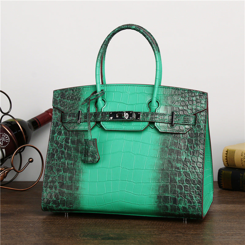 Premium Croc-Effect Birkin-Inspired Tote Bag for Women, Genuine Leather Large Capacity Color-Blocked Business Handbag with Versatile Shoulder Crossbody Carry