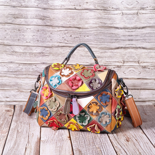 Genuine Top Layer Cowhide Handmade Floral Color Block Patchwork Handbag for Women, New Arrival Top Handle Shoulder Purse, Casual Travel Small Bag for Ladies