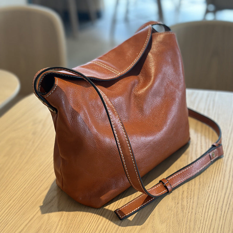 Genuine Vegetable-Tanned Cowhide Bag for Women, New Summer Minimalist Crossbody Purse, Vintage Large Capacity Commute Shoulder Handbag for Ladies
