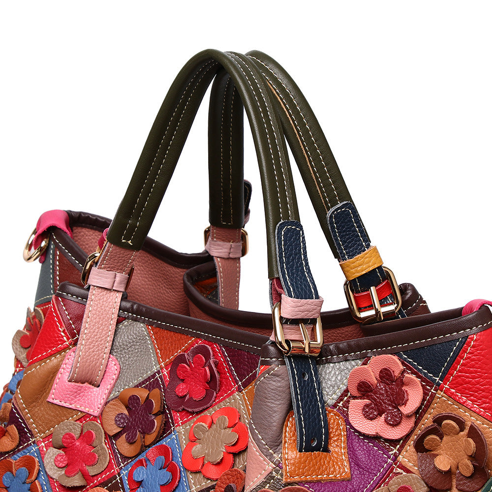 Genuine Top Layer Cowhide Colorful Floral Patchwork Handbag for Women, New Arrival Handmade Plaid Crossbody Shoulder Purse, Designer Leather Bag for Ladies