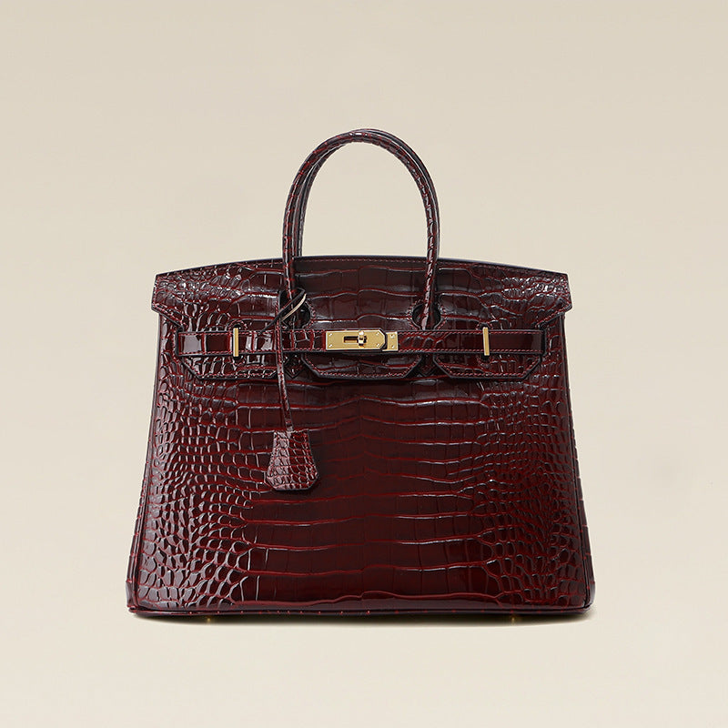 Top Layer Crocodile-Embossed Cowhide Birkin-Style Bag for Women, Large Capacity Commute Top Handle Underarm Purse, Premium Light Luxury Handbag for Ladies