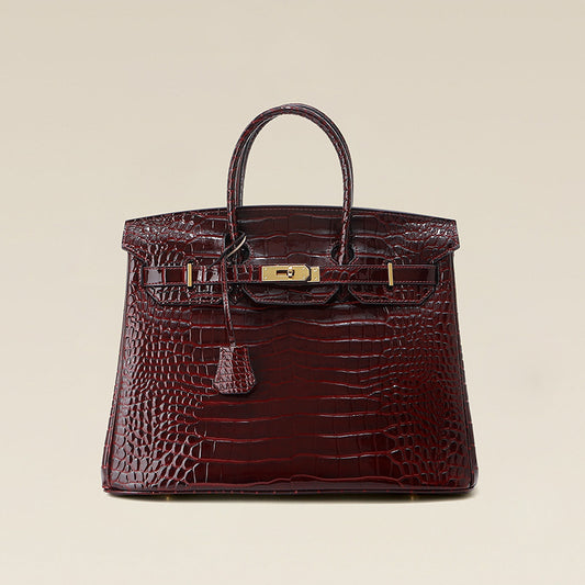 Top Layer Crocodile-Embossed Cowhide Birkin-Style Bag for Women, Large Capacity Commute Top Handle Underarm Purse, Premium Light Luxury Handbag for Ladies