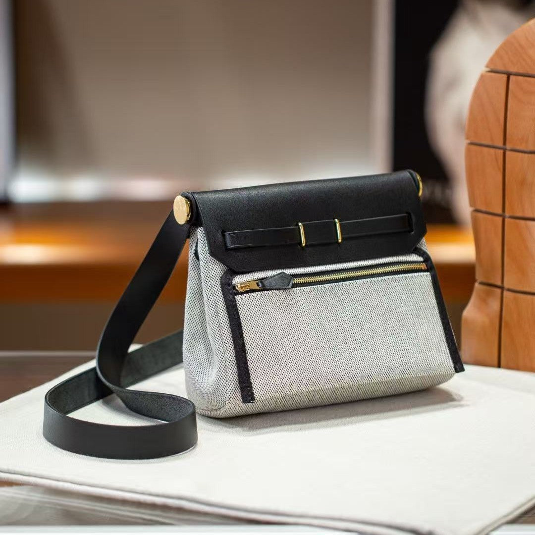Genuine Cowhide & Canvas Mini Kelly-Style Herbag for Women, Internal Stitching Color Block Shoulder Crossbody Purse, Niche Commute Handbag for Ladies