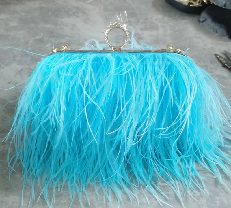 Genuine Ostrich Feather Evening Bag for Women, Fashionable Chain Shoulder Purse, Trendy Clutch Handbag for Parties and Weddings