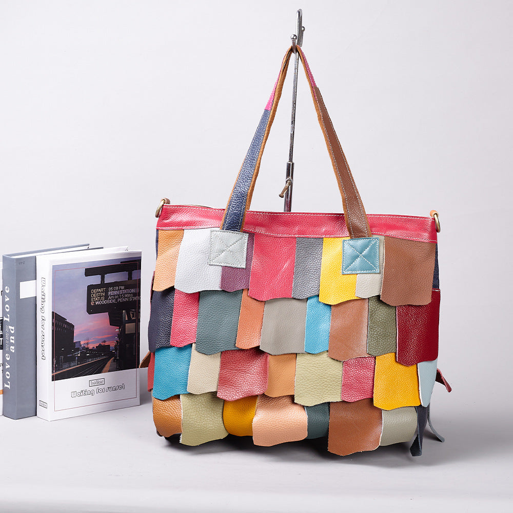 Genuine Leather Slouchy Large Capacity Tote Bag for Women, New Fashionable Patchwork Color Block Shoulder Crossbody Purse, Versatile Casual Handbag for Ladies