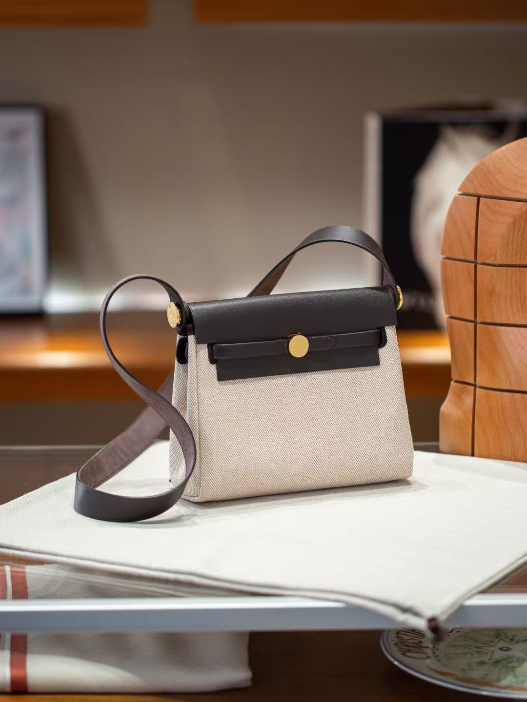 Genuine Cowhide & Canvas Mini Kelly-Style Herbag for Women, Internal Stitching Color Block Shoulder Crossbody Purse, Niche Commute Handbag for Ladies