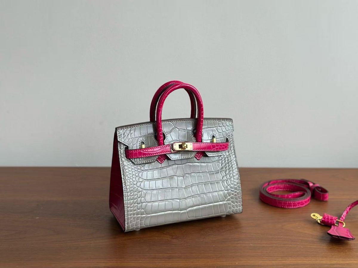 Genuine Top Layer Cowhide Matte Crocodile-Embossed Mini Birkin-Style Bag for Women, Semi-Handmade External Stitching Top Handle Purse, New Premium Handbag for Ladies