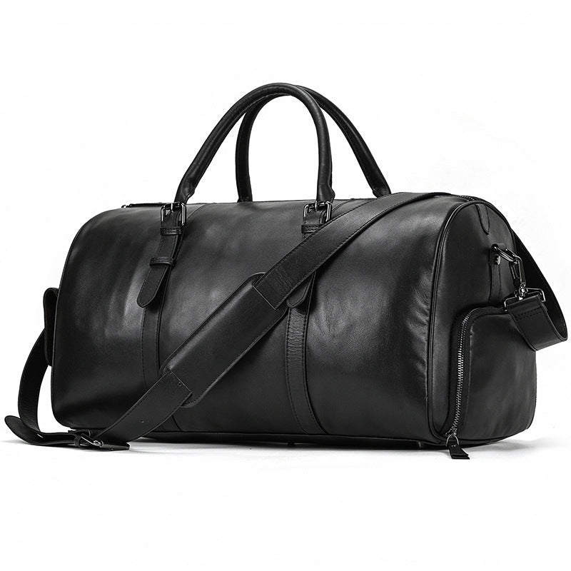 Black Genuine Leather Travel Duffle with Shoe Compartment, Top Layer Cowhide Cylindrical Gym Bag, Premium Top Handle Luggage for Men